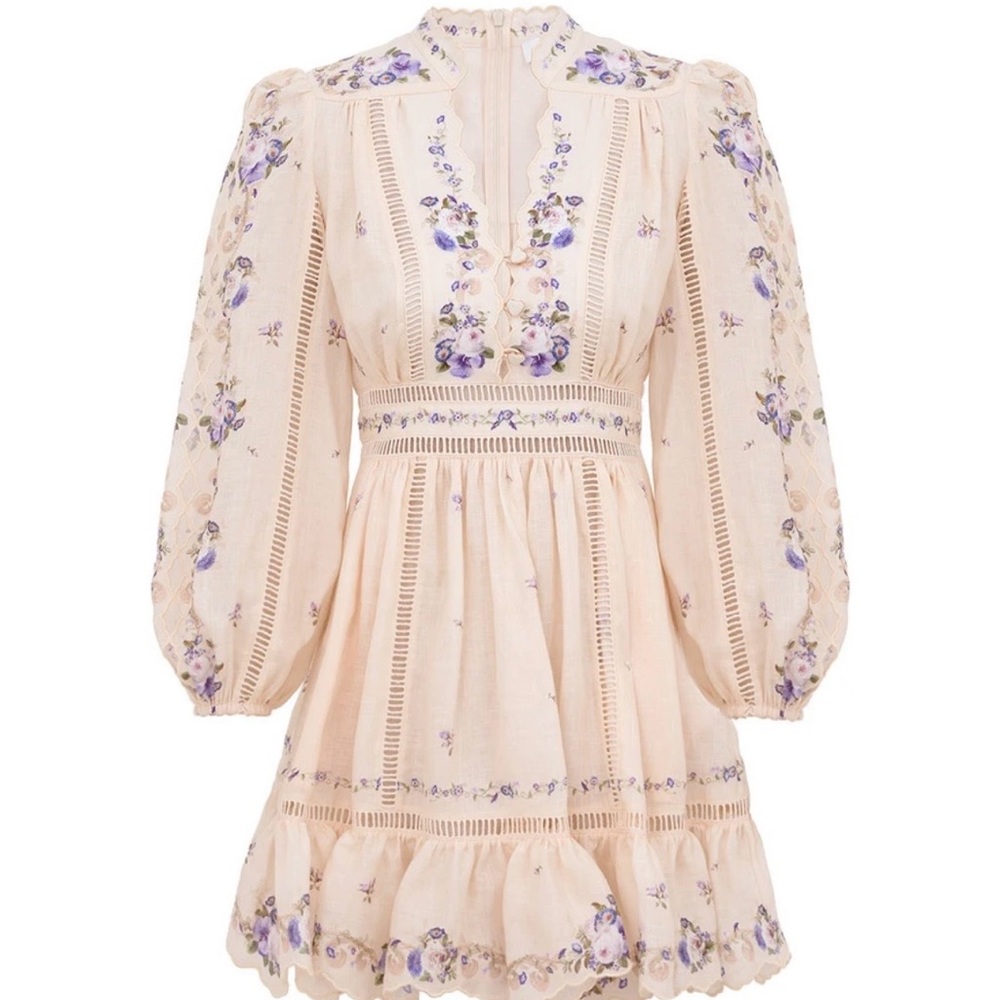 Zimmermann Cream Floral Long Sleeve Mini Dress with Lavender Accents